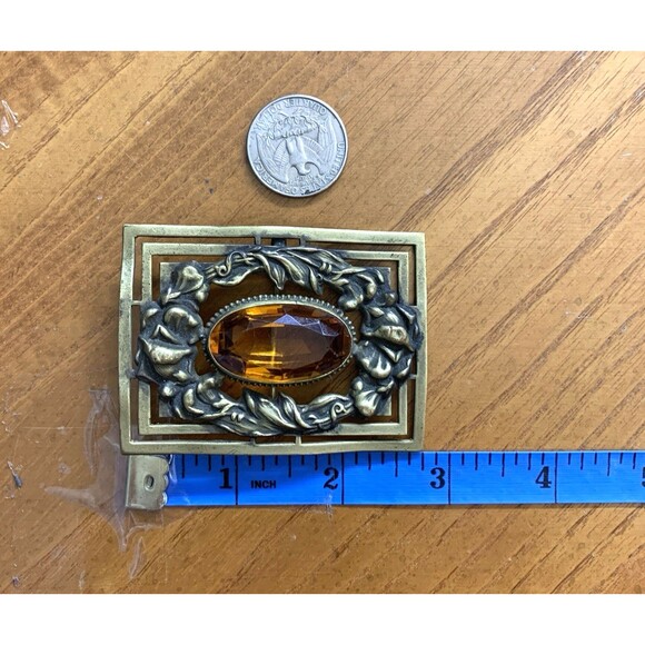 Antique Art Nouveau Brass Sash Pin Amber Glass Stone Open C Clasp 1910s Brooch - Picture 12 of 13